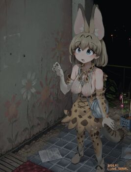 1girl animal_ear_fluff animal_ears animal_print bare_shoulders blonde_hair blue_eyes bow bowtie breasts center_opening covered_erect_nipples dilapidated elbow_gloves gloves hanging_breasts high-waist_skirt highres i_love_serval kemono_friends large_breasts medium_hair open_mouth print_bow print_bowtie print_gloves print_scarf print_skirt print_thighhighs scarf serval_(kemono_friends) shirt skirt sleeveless sleeveless_shirt smile tail tank_top thighhighs torn_clothes torn_tank_top white_shirt