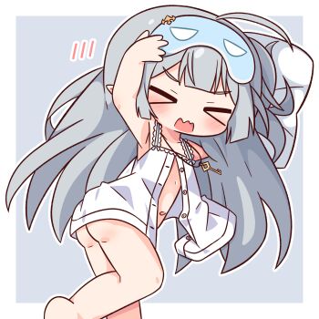 >_< 1girl arm_up armpits ass bare_shoulders barefoot blunt_bangs blush border bottomless closed_eyes collarbone commentary_request feet_out_of_frame female_tyrant_(stella_sora) grey_background grey_hair hana_kazari highres jewelry key key_necklace long_hair necklace open_clothes open_mouth open_shirt outline outside_border shirt simple_background sleep_mask sleeveless sleeveless_shirt solo stella_sora tyrant_(stella_sora) wavy_mouth white_border white_outline white_shirt