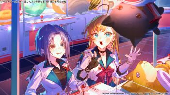 Rule 34 | 2girls, :q, adjusting eyewear, against glass, arcade, assault lily, black choker, black shirt, blonde streaks, blue eyes, blurry, blurry foreground, blush, bob cut, bow, bowtie, bracelet, breasts, cheek on glass, cheek press, choker, cleavage, closed mouth, collared shirt, commentary request, copyright notice, crane game, earrings, fingerless gloves, fingernails, gloves, hand on eyewear, hand on glass, hand up, herensuge girls academy school uniform, heterochromia, high-waist skirt, highres, indoors, jacket, jacket tucked in, jewelry, kagawa makina, kariya higure, long hair, long sleeves, looking at object, medium breasts, mole, mole under mouth, multicolored hair, multiple girls, official art, open mouth, orange hair, parted bangs, partially unbuttoned, pendant choker, playing games, purple hair, red bow, red bowtie, red eyes, sainome (imveryfinethx), school uniform, shirt, short hair, single earring, single fingerless glove, single glove, skirt, spiked bracelet, spikes, standing, streaked hair, stuffed animal, stuffed dog, stuffed food, stuffed raccoon, stuffed toy, sweatdrop, teeth, three-quarter sleeves, tile floor, tiles, tongue, tongue out, upper body, upper teeth only, v-shaped eyebrows, very long hair, white jacket, wristband, x anus