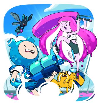 2boys 2girls adventure_time bat_(animal) discount-supervillain dog finn_the_human highres inkling jake_the_dog marceline_abadeer multiple_boys multiple_girls nintendo pink_hair princess_bonnibel_bubblegum splatoon_(series) tentacle_hair toon_(style)