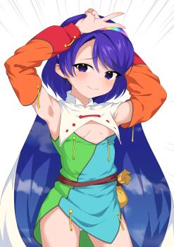 1girl armpits arms_up belt belt_pouch blush cape commentary_request detached_sleeves dress hairband highres long_sleeves looking_at_viewer multicolored_dress multicolored_hairband patchwork_clothes pouch punidayo purple_eyes purple_hair rainbow_gradient short_hair simple_background sky_print smile solo tenkyuu_chimata touhou v white_background