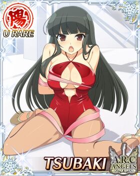 1girl :o black_hair blush border breasts card_(medium) character_name cleavage cleavage_cutout clothing_cutout english_text game_cg hime_cut large_breasts leotard long_hair looking_at_viewer official_alternate_costume official_art pantyhose pink_ribbon red_eyes red_leotard ribbon senran_kagura senran_kagura_new_wave sitting solo tsubaki_(senran_kagura) wariza wrapped_up