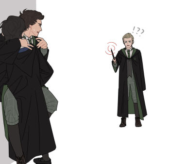 !? 2boys black_coat black_hair black_robe blind blonde_hair brown_hair coat couple green_necktie harry_potter_(series) hetero highres hogwarts_legacy hogwarts_school_uniform holding holding_wand hooded_robe huayv666 hug multiple_boys necktie ominis_gaunt protagonist_(hogwarts_legacy) robe school_uniform sebastian_sallow short_hair slytherin striped_necktie wand wizarding_world