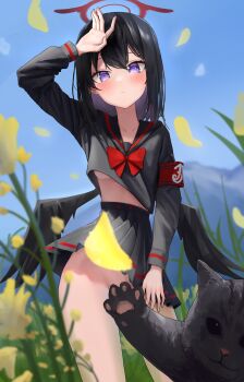 1girl :/ absurdres arm_up armband black_cat black_hair black_serafuku black_skirt black_wings blue_archive blush bow bowtie cat choker closed_mouth clothes_lift commentary convenient_censoring cowboy_shot day falling_petals feathered_wings field flower flower_field frown halo highres long_sleeves looking_at_viewer low_wings mashiro_(blue_archive) medium_hair miniskirt no_panties outdoors petals pleated_skirt purple_eyes red_armband red_bow red_bowtie red_halo school_uniform serafuku skirt skirt_lift solo straight_hair ubeuna wind wind_lift winged_halo wings