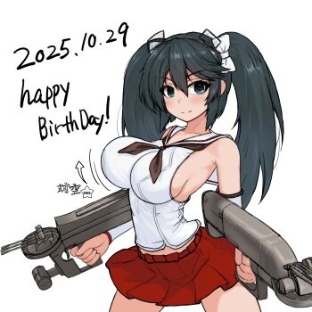 1girl birthday black_hair bouncing_breasts breasts brown_neckerchief commentary_request cowboy_shot dated detached_sleeves dual_wielding grey_eyes gun highres holding isuzu_(kancolle) isuzu_kai_ni_(kancolle) kantai_collection kinakomochi_(testament05) large_breasts long_hair neckerchief red_skirt sailor_collar shirt simple_background skirt sleeveless sleeveless_shirt solo twintails weapon white_background white_sailor_collar