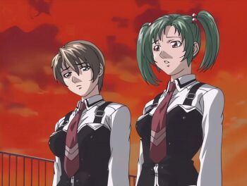 00s 2002 2girls animated animated_gif bible_black bible_black_gaiden bow bowtie breasts brown_hair cloud cloudy_sky green_eyes green_hair large_breasts morita_rie multiple_girls necktie red_sky school_roof school_uniform shido_saki shirt short_hair sky sunset suspenders tagme twintails white_shirt