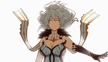 Rule 34 | 1girl, absurdres, arm up, asmoday (genshin impact), bare shoulders, black fur, blonde hair, body markings, breasts, celtic knot, cleavage, closed mouth, collarbone, colored skin, commentary, english commentary, floating hair, formal clothes, fur trim, genshin impact, glowing, glowing eyes, grey background, hair between eyes, hair floating upwards, highres, large breasts, multicolored skin, orange eyes, scarf, shade, shudwho, side ahoge, solo, suit, two-tone skin, upper body, wavy hair