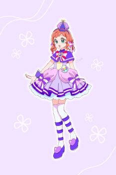 1girl 2v_iil3 :d arm_at_side arm_behind_back blush bow brooch capelet commentary cosplay cure_friendy cure_friendy_(cosplay) deerstalker dress dress_bow floral_background frilled_wrist_cuffs frills full_body green_eyes hair_bow hairband hat hat_ornament heart heart_brooch heart_hat_ornament highres inukai_iroha jewelry looking_at_viewer magical_girl multicolored_bow open_mouth orange_hair pact_holder petticoat pink_bow pouch precure purple_background purple_bow purple_capelet purple_dress purple_hairband purple_hat purple_shoes purple_theme purple_wrist_cuffs self_cosplay shoes short_dress short_hair_with_long_locks sleeveless sleeveless_dress smile solo standing striped_bow thighhighs tilted_headwear twitter_username white_thighhighs wonderful_pact wonderful_precure! wrist_cuffs zettai_ryouiki