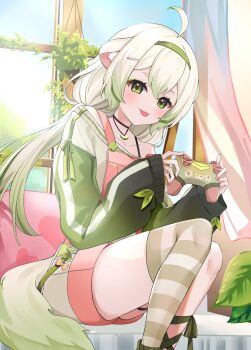 1girl ahoge animal_ears controller curtains ferret_ears ferret_girl ferret_tail food fruit game_controller gradient_hair green_eyes green_hair green_shorts green_sweater green_tail hair_between_eyes hairband highres jewelry lime_(fruit) lime_slice limealicious long_sleeves looking_at_viewer multicolored_hair necklace overall_shorts overalls pink_overalls shorts single_thighhigh sitting striped_clothes striped_thighhighs sweater thighhighs tongue tongue_out twintails vinesauce virtual_youtuber white_hair window yu_un0620