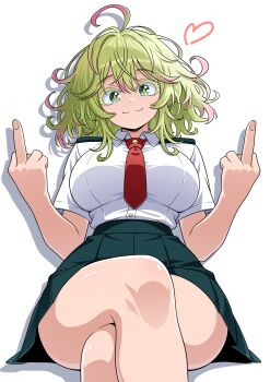 1girl absurdres boku_no_hero_academia breasts closed_mouth collared_shirt commentary crossed_legs double_middle_finger english_commentary feet_out_of_frame green_eyes green_hair green_skirt hagakure_toru hands_up highres large_breasts looking_at_viewer middle_finger necktie pink_pupils pleated_skirt red_necktie school_uniform shadow shirt shirt_tucked_in short_hair simple_background sitting skirt smile solo theoiledone u.a._school_uniform unusually_visible white_background white_shirt