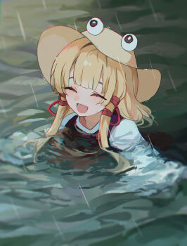 1girl :d ^_^ absurdres blonde_hair brown_hat closed_eyes commentary_request hair_ribbon hat highres kani_nyan long_hair long_sleeves moriya_suwako open_mouth partially_submerged purple_vest rain red_ribbon ribbon shirt smile solo touhou tress_ribbon vest water white_shirt