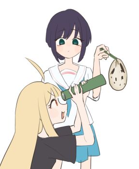 Rule 34 | 2girls, ahoge, black hair, black shirt, blonde hair, blue skirt, cho kaguya-hime!, chopsticks, feet out of frame, food, green eyes, highres, holding, holding chopsticks, holding telescope, houraisan kaguya, kaguya (cho kaguya-hime!), long hair, multiple girls, open mouth, pancake, red eyes, sailor collar, sakayori iroha, shirt, short sleeves, skirt, smile, suima23, telescope, white background, white shirt