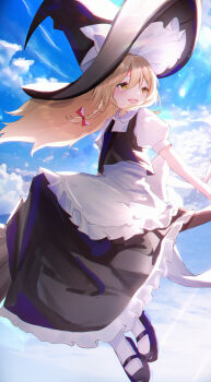 1girl absurdres apron black_hat black_shoes black_skirt black_vest blonde_hair blue_sky bow braid broom broom_riding cloud collared_shirt commentary_request day hair_bow hat hat_bow highres kirisame_marisa long_hair mary_janes open_mouth red_bow shirt shoes side_braid single_braid skirt sky smile socks solo touhou usagi_(786113654) vest waist_apron white_apron white_bow white_shirt white_socks witch_hat yellow_eyes