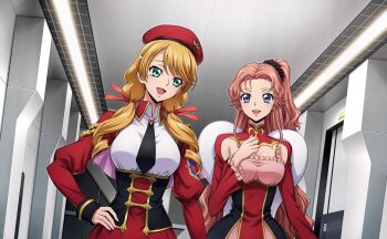 2girls artist_request beret black_necktie black_scrunchie blonde_hair blue_eyes blue_gemstone blue_sky blush boots breasts brooch cape cleavage cloud code_geass code_geass:_lost_stories code_geass:_soubou_no_oz corset covered_navel day dress drill_hair dutch_angle earrings eye_trail f4samurai forehead game_cg gem glint gold_trim green_eyes hair_ornament hair_ribbon hair_scrunchie hairclip happy hat high-waist_skirt highres jewelry juliet_sleeves lancelot_(code_geass) lancelot_grail layered_sleeves lens_flare light_blush light_particles light_trail long_hair long_sleeves looking_at_viewer marrybell_mel_britannia medium_breasts military_uniform mole mole_under_eye multicolored_dress multiple_girls necktie non-web_source official_art oldrin_zevon open_mouth orange_hair outdoors pink_gemstone pleated_skirt puffy_sleeves purple_cape red_hat red_ribbon red_skirt ribbon scrunchie serious shirt shrug_(clothing) sidelocks skirt sky smile solo standing strapless strapless_dress stud_earrings swept_bangs sword twin_drills twintails weapon white_cape white_shirt