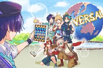 6+boys absurdres aether_(genshin_impact) aether_(guilin)_(genshin_impact) ahoge blonde_hair braid braided_sidelocks closed_eyes cup fcc_(fengcheche) fingernails genshin_impact green_hair hair_between_eyes hair_ornament highres holding holding_cup kaedehara_kazuha long_sleeves mole mole_under_each_eye mole_under_eye multicolored_hair multiple_boys multiple_moles one_eye_closed red_eyes red_hair scaramouche_(genshin_impact) shikanoin_heizou shorts sidelocks slime_(genshin_impact) streaked_hair universal_studios v venti_(genshin_impact) wanderer_(genshin_impact) white_hair xiao_(genshin_impact) yellow_eyes