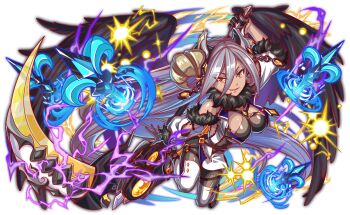 absurdly_long_hair alternate_costume alternate_horns alternate_weapon alternate_wings angel_wings anime_coloring arm_strap artist_request baphomet_(crash_fever) bare_shoulders between_breasts black_fur black_gemstone black_gloves black_straps black_wings blue_outline bodysuit bodysuit_under_clothes boots breasts brown_bodysuit center_opening cleavage coat collared_coat crash_fever criss-cross_straps curled_horns dark_skin detached_sleeves electricity full_body fur-trimmed_sleeves fur_collar fur_trim game_cg gem gloves grey_hair hair_between_eyes holding holding_scythe horns large_breasts light_particles lips long_hair looking_at_viewer mature_male narrow_waist number_print numbered o-ring o-ring_thigh_strap official_alternate_costume official_alternate_horns official_alternate_weapon official_alternate_wings official_art open_hand open_mouth outline oversized_wings portal_(object) purple_outline red_outline scythe single_glove skinny solo sparks square square_print straight_hair tachi-e thigh_boots thigh_strap third-party_source transparent_background two-sided_coat two-sided_fabric unzipped very_long_hair weapon white_boots white_coat white_sleeves wide_hips wings yellow_eyes yellow_gemstone yellow_outline zipper zipper_pull_tab