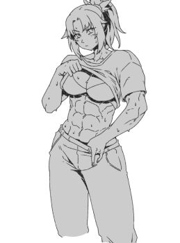 1girl abs blush bra braid breasts cleavage clothes_lift commentary english_commentary fate/apocrypha fate_(series) greyscale long_hair looking_at_viewer medium_breasts minew monochrome mordred_(fate) muscular muscular_female navel pants parted_bangs ponytail shirt short_sleeves sidelocks solo sweat thighs underwear