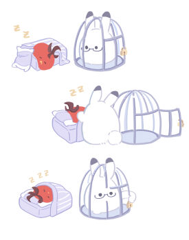 absurdres animalization aotsuki_eito black_eyes cage chibi chibi_only chinese_commentary closed_eyes commentary_request covering_with_blanket drooling eyewear_on_animal foodification glasses highres in_cage lock mouth_drool on_pillow partial_commentary rabbit sequential simple_background sleeping solid_circle_eyes sumino_takumi the_hundred_line_-last_defense_academy- tomato trade-wind under_covers white_background zzz