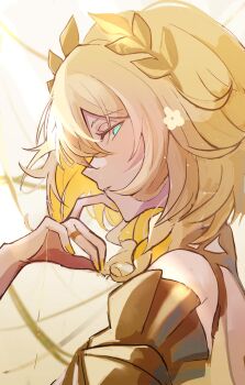 1girl a1104rinn aglaea_(honkai:_star_rail) blonde_hair bob_cut commentary detached_sleeves flower frilled_sleeves frills from_side gold_trim green_eyes hair_flower hair_ornament hashtag-only_commentary highres honkai:_star_rail honkai_(series) jewelry laurel_crown looking_at_viewer ring short_hair thread yellow_background yellow_nails