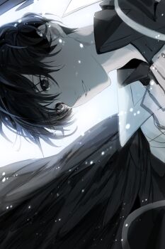 Rule 34 | 1boy, absurdres, black eyes, black hair, black shirt, black wings, coat, collared shirt, feathered wings, hayu beck, highres, kim dokja, leaning forward, light particles, male focus, omniscient reader's viewpoint, open clothes, open coat, popped collar, shirt, short hair, slouching, solo, upper body, white coat, wings