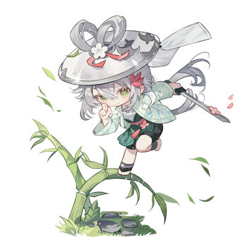 1girl ajirogasa anklet armband bamboo bamboo_print barefoot black_shorts bow-shaped_hair chibi chinese_commentary closed_mouth commentary_request crossed_bangs eyelashes fingers_to_cheek floating_clothes floating_hair flower grass green_eyes green_hakama green_jacket grey_hair grey_hat hair_between_eyes hair_flower hair_ornament hair_ribbon hair_through_headwear hakama hakama_short_skirt hakama_skirt haori hat high-waist_skirt highres holding holding_sword holding_weapon jacket japanese_clothes jewelry leaf leg_up light_blush light_particles long_hair long_sleeves looking_at_viewer low_twintails luo_tianyi ninja pebble petals pink_flower pink_ribbon print_jacket ribbon shirt shorts shorts_under_skirt simple_background skirt smile solo sparkle standing standing_on_one_leg sword twintails veil very_long_hair vocaloid vsinger_(vocaloid) weapon white_armband white_background white_flower white_shirt white_veil wide_sleeves yanshuangjun