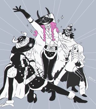 1girl 4boys aespa ahoge arms_up bandages bandages_over_eyes beard braid braided_sidelocks cape commentary_request cyu_se facial_hair fake_horns full_body fur_cape gerd_(one_piece) gloves goatee goldberg_(one_piece) hair_over_one_eye hajrudin helmet horned_helmet horns loki_(one_piece) long_hair looking_at_viewer multiple_boys one_piece purple_hair road_(one_piece) scarf short_hair skirt smile sparkle spiked_hair spot_color squiggle twitter_username wavy_hair