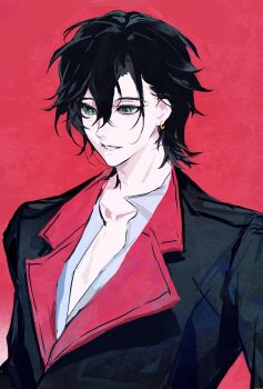 1boy aqua_eyes black_hair black_jacket collared_shirt commentary_request curtained_hair earrings hair_between_eyes highres jacket jewelry lapels leonard_mitchell looking_to_the_side lord_of_the_mysteries male_focus medium_hair parted_lips partially_unbuttoned pectoral_cleavage pectorals red_background shirt single_earring smile solo suit_jacket sumidainxin upper_body white_shirt