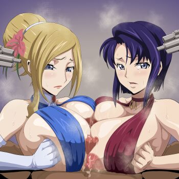 1boy 2girls absurdres breasts cecile_croomy cleavage code_geass cooperative_paizuri highres huge_breasts iwao178 large_breasts long_hair milly_ashford multiple_girls paizuri teamwork_(sexual)