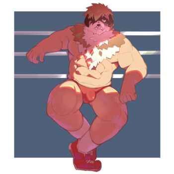 1boy abs bara bulge commentary_request covered_penis expressionless full_body furry furry_male hair_over_one_eye looking_at_viewer male_focus male_swimwear muscular muscular_legs muscular_male navel neck_fur pectorals ragi_san_(ononokomachiimo) reprobus_(housamo) shaded_face shoes short_hair sitting sneakers socks solo stomach strongman_waist sunlight swim_briefs thighs tokyo_houkago_summoners topless_male two-tone_background