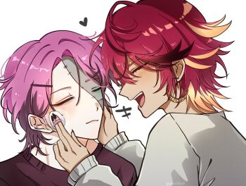 2boys black_nails blush closed_eyes closed_mouth earrings first_stage_production grey_sweater heart highres jewelry malim_cendari multiple_boys open_mouth pink_hair rosco_graves sweater teeth white_background zivvikal zombie