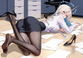 1girl ass black_pantyhose black_skirt blue_eyes blue_hair blush breasts button_gap cartethyia_(wuthering_waves) chair cleavage clumsy colored_inner_hair commentary_request crown crown_of_thorns drawer feet fleurdelys_(wuthering_waves) floating_crown head_tilt high_heels highres horns id_card indoors lanyard large_breasts legs long_hair long_sleeves looking_at_viewer looking_back lying multicolored_hair office_lady on_stomach open_mouth pantyhose paper parted_bangs peanut_mouth pencil_skirt pointy_ears shirt shirt_tucked_in shoes sidelocks single_horn single_shoe skirt soles solo swivel_chair tacet_mark_(wuthering_waves) thighs tile_floor tiles toes turning_head unworn_shoes very_long_hair weitaming_c white_shirt wuthering_waves