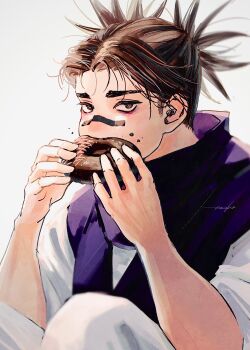 Rule 34 | 1boy, 28cg, absurdres, blurry, brown eyes, brown hair, choso (jujutsu kaisen), depth of field, double bun, donut, eating, facial tattoo, feet out of frame, food, hair bun, highres, jujutsu kaisen, looking at viewer, male focus, pants, purple scarf, robe, scarf, sitting, solo, sweets, tattoo, white background, white pants, white robe