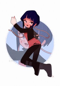 Rule 34 | 1girl, audio jack, black boots, black jacket, black pants, blunt bangs, boku no hero academia, boots, commentary, cropped jacket, facial mark, fingerless gloves, full body, genyuhrak, gloves, highres, jacket, jiro kyoka, open clothes, open jacket, open mouth, pants, purple hair, red shirt, shirt, short hair, sidelocks, signature, solo, teardrop facial mark, thumbs up, torn clothes, torn shirt, white background, white gloves, zoom layer