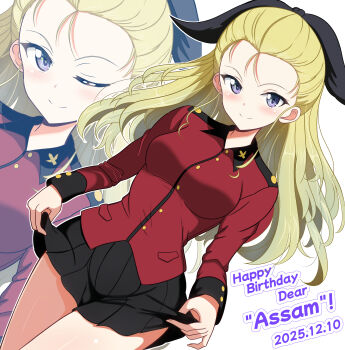 1girl absurdres assam_(girls_und_panzer) birthday black_skirt blonde_hair blue_eyes blush breasts character_name closed_mouth commentary cowboy_shot curtsey dated dutch_angle english_text feet_out_of_frame girls_und_panzer gratin_(kumaisao) happy_birthday highres jacket long_hair long_sleeves looking_at_viewer medium_breasts military_uniform miniskirt multiple_views one_eye_closed pleated_skirt red_jacket school_uniform simple_background skirt skirt_hold smile solo st._gloriana's_military_uniform standing white_background zoom_layer