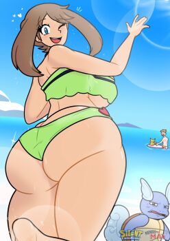 Rule 34 | 1girl, absurdres, aged up, ass, bikini, blue eyes, breasts, brown hair, disgust, gen 1 pokemon, heart, heart ornament, highres, looking at viewer, may (pokemon), nintendo, ocean, one eye closed, pikachu, pokemon, pokemon (anime), pokemon ag020, pokemon rse (anime), silenttandem, smile, surfboard, surprised pikachu (meme), swimsuit, turning head, curvy, wartortle, wet, wink