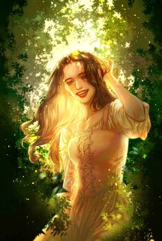 Rule 34 | 1girl, breasts, brown hair, collarbone, commentary request, cow, dress, ehye520, hand in own hair, highres, korean commentary, long dress, long hair, looking at viewer, marie dok, medium breasts, open mouth, outdoors, parted bangs, pink dress, puffy sleeves, red lips, shingeki no kyojin, shirt under dress, smile, solo, sunlight, wavy hair