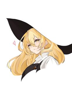 1girl absurdres black_vest blonde_hair braid buttons closed_mouth commentary cropped_torso crossed_bangs hair_between_eyes heart highres kirisame_marisa long_hair looking_at_viewer shirt side_braid simple_background single_braid smile solo touhou turtleneck turtleneck_shirt unanooo_(fthx7532) vest white_background white_shirt yellow_eyes