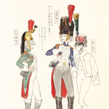 3girls bearskin_cap boots clothing_request commentary curly_hair english_commentary epaulettes feet_out_of_frame gloves graphite_(medium) hand_on_another's_wrist hat_tassel helmet highres insignia jacket jacket_on_shoulders knee_boots looking_at_another military_jacket military_uniform multiple_girls nose original painting_(medium) pants partially_colored plume schpaghettizie1 short_hair sketch standing talking traditional_media translation_request unfinished watercolor_(medium)