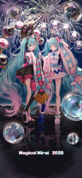 Rule 34 | 2girls, aerial fireworks, aqua eyes, aqua hair, arm up, asymmetrical legwear, asymmetrical sleeves, bare shoulders, bell, black choker, black skirt, black thighhighs, blue bow, blue eyes, blue gloves, blue hair, blush, border, bow, cherry blossom print, choker, closed mouth, collared dress, commentary request, detached sleeves, dress, drum, dual persona, fireworks, floral print, flower, frilled skirt, frills, full body, fur-trimmed dress, fur trim, furisode sleeves, gloves, hair between eyes, hair bow, hair ornament, hairclip, handbell, hatsune miku, headphones, highres, holding hands, instrument, itogari, japanese clothes, kimono, legs, long hair, long sleeves, looking at viewer, magical mirai (vocaloid), magical mirai miku, magical mirai miku (2020 summer), magical mirai miku (2020 winter), miniskirt, mismatched sleeves, multiple girls, multiple views, official alternate costume, one eye closed, open mouth, parted lips, pink bow, pink frills, pink sleeves, pleated skirt, sandals, sidelocks, single thighhigh, skirt, sleeveless, sleeveless dress, smile, snow boots, speaker, striped clothes, striped kimono, striped skirt, thighhighs, thighs, twintails, two-tone bow, very long hair, vocaloid, waistband, white dress, white kimono, white sleeves, white wrist cuffs, wide sleeves, wrist cuffs, yukata