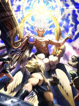 1girl 3boys abs absurdres aiming alternate_form arm_cannon arm_up bare_shoulders barret_wallace battle black_shoes black_skirt blank_eyes blonde_hair boots brown_boots buster_sword cloud cloud_strife commentary_request final_fantasy final_fantasy_vii floating_hair gloves green_pants halo halo_behind_head highres holding holding_sword holding_weapon long_hair male_focus multiple_boys pants pectorals safer_sephiroth sephiroth shoes single_wing skirt sky suspenders sword tifa_lockhart topless_male weapon white_hair wings zupakyo