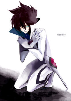 1boy akira-riku blue_eyes bodysuit brown_hair casshern casshern_(series) casshern_sins commentary_request crossed_arms crying crying_with_eyes_open full_body hair_between_eyes kneeling long_bangs looking_at_viewer male_focus open_mouth popped_collar puddle reflection reflective_liquid short_hair solo spiked_hair tears translation_request water white_background white_bodysuit