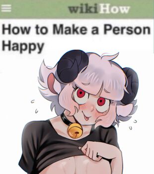 1girl ahoge animal_ears bell black_choker black_shirt blunt_bangs blush breasts choker cleavage closed_mouth clothes_lift collarbone demon_girl demon_horns english_text flying_sweatdrops grey_hair helltaker horns large_breasts looking_at_viewer mole mole_on_breast neck_bell original osu_(osulan) osulan red_eyes sheep_ears shirt shirt_lift short_hair sidelocks smile solo sweat t-shirt tongue tongue_out upper_body wikihow