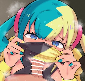 1boy 1girl aqua_hair bar_censor blonde_hair blue_eyes canari_(pokemon) censored dark-skinned_female dark_skin fellatio fellatio_under_mask hair_ornament hetero highres kutabireta_neko looking_at_viewer mask mouth_mask multicolored_hair nail_polish nintendo oral penis pokemon pokemon_legends:_z-a pov pov_crotch split-color_hair textless_version twintails