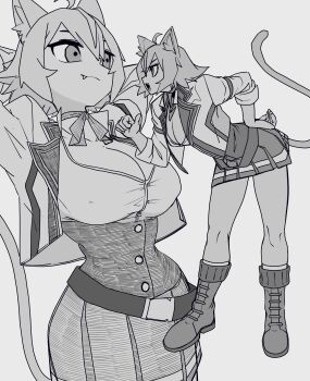 Rule 34 | 1girl, absurdres, animal ears, bone nigi, boots, breasts, cat ears, cat girl, cat tail, cleavage, closed mouth, commentary request, double-parted bangs, fang, fang out, greyscale, hair between eyes, hand on own hip, highres, large breasts, leaning forward, long sleeves, monochrome, mushoku tensei, open mouth, pleated skirt, pointing, pointing at self, rinia dedoldia, short hair, sidelocks, simple background, skirt, solo, tail