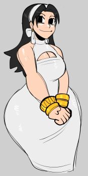 1girl black_hair bracelet breasts cleavage cleavage_cutout clothing_cutout dress earrings hair_ribbon highres jamvcr jewelry kazama_jun long_hair ribbon tekken thick_thighs thighs wide_hips