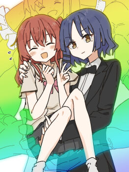 3girls black_bow black_bowtie black_suit blue_hair blush bocchi_the_rock! bow bowtie brown_shirt butler carrying carrying_person closed_eyes coattails colored_skin crossdressing crossdressing_(ftm) female_butler formal_clothes frilled_sleeves frills highres ijichi_nijika kita_ikuyo long_hair long_sleeves multicolored_skin multiple_girls muscular one_side_up open_mouth pant_suit pants pleated_skirt red_eyes red_hair school_uniform shirt short_sleeves skirt smile suit tailcoat transparent tuxedo tuxedo_shirt v white_background yamada_ryo yellow_eyes you_sakura_ys