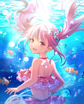 1girl :d absurdres air_bubble back bikini breasts bubble commentary cowboy_shot day fish floating_hair frilled_bikini frills from_behind hair_between_eyes hair_ornament hair_scrunchie hairclip halterneck heaven_burns_red highres kepekki_kanojo kunimi_tama long_hair looking_at_another looking_at_viewer looking_back multicolored_bikini open_mouth parallel_hairclips pink_bikini pink_eyes pink_hair ruffling_hair scenery scrunchie sidelocks small_breasts smile solo star_(symbol) star_hair_ornament starfish sunlight swimsuit twintails two-tone_bikini underwater white_bikini