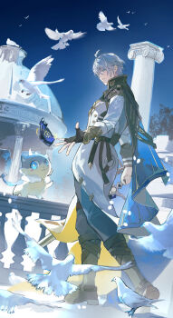 Rule 34 | 1boy, absurdres, belt, bird, black belt, black gloves, black shirt, blue cape, blue eyes, blue hair, cape, chimera (honkai: star rail), coat, collared shirt, commentary, coreflame (honkai: star rail), english commentary, english text, fingerless gloves, full body, gloves, grey pants, highres, honkai: star rail, honkai (series), long sleeves, male focus, outdoors, pants, phainon (honkai: star rail), phainon (vigethos) (honkai: star rail), pillar, railing, seo2 aventurine, shirt, short hair, side cape, white bird, white coat, white hair, yellow cape