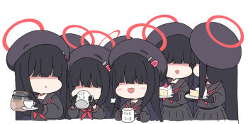 6+girls :d beret black_hair black_headwear black_sailor_collar black_serafuku black_shirt black_skirt blue_archive blush_stickers chibi coffee_pot commentary_request cup hair_over_eyes halo hat holding holding_cup holding_saucer justice_task_force_member_(blue_archive) long_hair mug multiple_girls neckerchief nyaru_(nyaru_4126) open_mouth pleated_skirt red_neckerchief sailor_collar saucer school_uniform serafuku shirt simple_background skirt smile very_long_hair white_background