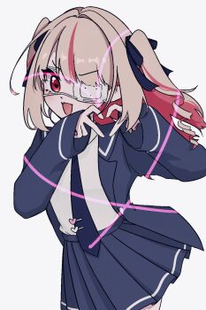 1girl :d blazer blue_jacket blue_necktie blue_ribbon blue_sailor_collar blue_skirt collared_shirt colored_inner_hair commentary_request cowboy_shot drill_hair eyepatch fang four-finger_heart_hands grey_hair hair_intakes hair_ribbon hands_up heart heart-shaped_pupils heart_hands highres jacket lapels long_hair long_sleeves looking_at_viewer makaino_ririmu medical_eyepatch miniskirt monitoring_(vocaloid) multicolored_hair necktie neruno2434 nijisanji notched_lapels official_alternate_costume official_alternate_hairstyle open_clothes open_jacket open_mouth pink_hair pink_streaks pleated_skirt pointy_ears red_eyes ribbon sailor_collar school_uniform shirt shirt_tucked_in sidelocks simple_background skin_fang skirt sleeves_past_wrists smile solo standing streaked_hair symbol-shaped_pupils tie_clip two-tone_hair two_side_up v-shaped_eyebrows virtual_youtuber white_background white_shirt
